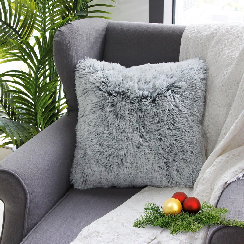 Uhomy 2 Packs Fluffy Accent Pillows Cover 20"x20", Soft Gray Ombre Faux Fur Throw Pillow Case, Modern Luxury Decorative Square Cushion Cover for Farmhouse Home Decor for Sofa/Bed/Chair, 50x50cm - Image 1